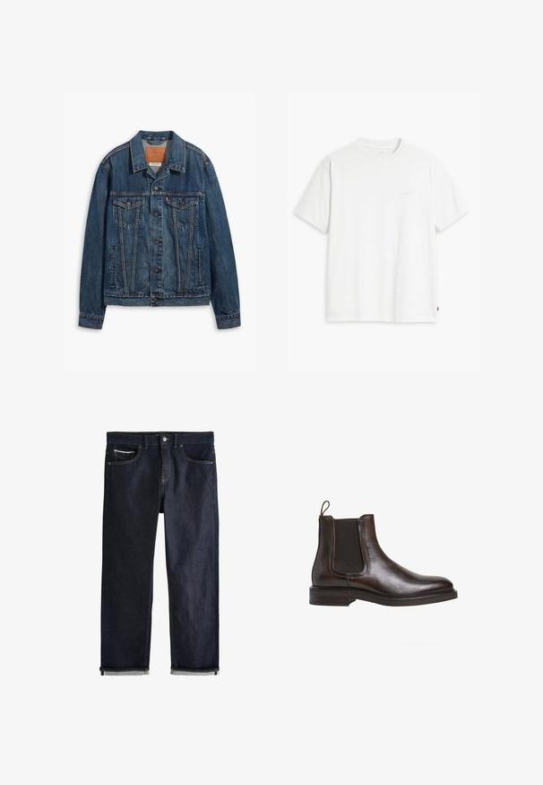 Blå denimjakke med klassisk design, der har brystlommer, metalknapper og kontrasterende syninger. Struktureret krave og kant.; Hvid t-shirt i bomuld med korte ærmer, rund halsudskæring og en diskret "Levi's"-logo trykt i lyse farver på forsiden.; Mørkeblå denimjeans med en klassisk lige pasform, der har fem lommer, knaplukning og op rullede manchetter, som viser en lys blå foring.; Brune læder Chelsea støvle med elastiske sidepaneler, løkke til at trække op med, og en lav stablet hæl. Glat tekstur og slank silhuet.