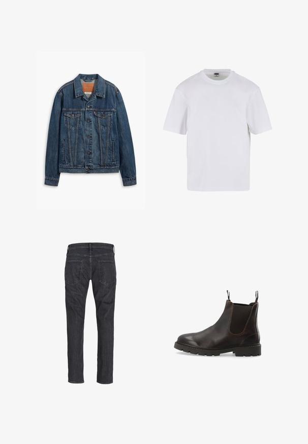 Blauwe spijkerjack met een klassiek ontwerp, voorzien van borstzakken, metalen knopen en contrasterende stiksels. Gestructureerde kraag en zoom.; Witte kraagloze t-shirt met korte mouwen, gemaakt van katoen. Heeft een ronde halslijn en een losse pasvorm. Soepele textuur, minimalistisch ontwerp, geen patronen of accenten.; Donkergrijze jeans met rechte pijpen, gezien van achteren, met twee achterzakken en riemlussen op de tailleband.; Donkerbruine leren Chelsea-laars met elastische zijpanelen, aantreklussen aan voor- en achterkant, en dikke geribbelde rubberen zool.