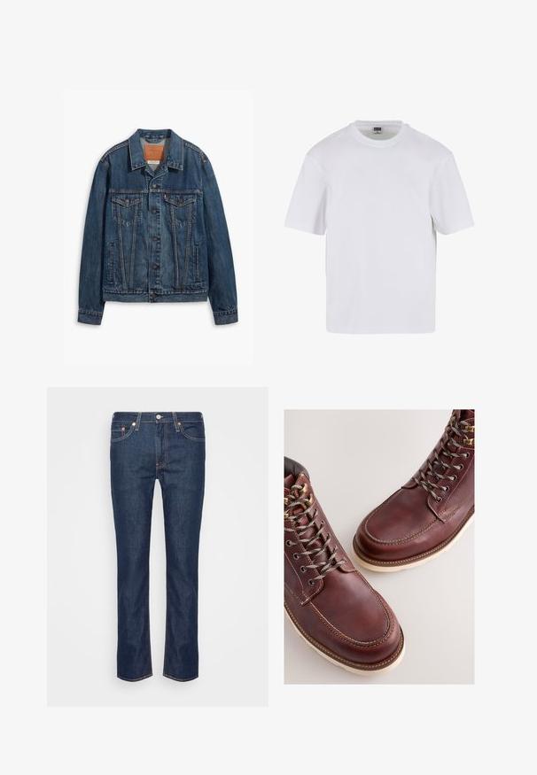 Blå denimjakke med klassisk design, der har brystlommer, metalknapper og kontrasterende syninger. Struktureret krave og kant.; Hvid kortærmet t-shirt lavet af bomuld. Har en rund halsudskæring og en afslappet pasform. Glat tekstur, minimalistisk design, ingen mønstre eller accenter.; Mørkeblå lige ben denim jeans med orange søm, fem lommer og en frontknap samt lynlås.; Brune læderstøvler med en glat finish, med metal-øjer, grå snørebånd og en cremefarvet gummisål. Syning langs kanterne som detalje.