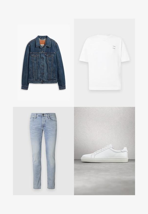 Blå denimjakke med klassisk design, der har brystlommer, metalknapper og kontrasterende syninger. Struktureret krave og kant.; Hvid bomulds t-shirt med en afslappet pasform, korte ærmer og V-udskæring. Har to små sorte trykte logoer på venstre side.; Lyseblå denimjeans med slim fit, femlommesdesign og lynlås. Har subtil fading og syet detaljering langs sømmene.; Hvide sneakers med en glat læderoverdel og lav profil. Har en rund tå, seks snørehuller og en tekstureret gummisål.