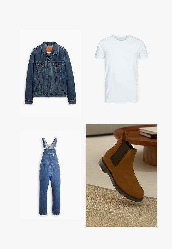 Blå denimjakke med klassisk design, der har brystlommer, metalknapper og kontrasterende syninger. Struktureret krave og kant.; Rundhals kortærmet t-shirt i ensfarvet hvid, lavet af blød bomuld, har et simpelt design uden synlige mønstre eller detaljer.; Denim overalls i mellemblå, med justerbare stropper, en frontlomme og metalbeslag, i en afslappet pasform og lige ben-design.; Brune læder Chelsea støvle med sorte elastiske sidelapper, rund tå, tekstureret gummisål og et lille trækstykke bagpå.