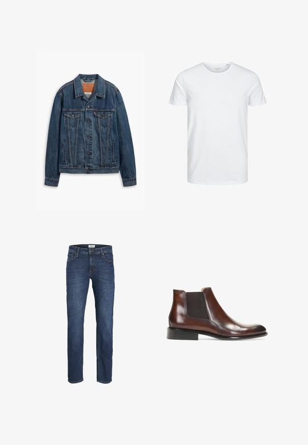 Veste en denim bleu au design classique, comprenant des poches poitrine, des boutons en métal et des coutures contrastées. Col et ourlet structurés.; T-shirt à col rond à manches courtes de couleur blanche unie, fabriqué en coton doux, avec un design simple sans motifs ni accents visibles.; Jean en denim bleu foncé avec une coupe droite, design à cinq poches et détails de couture visibles. Fermeture classique par bouton et zip.; Bottine en cuir marron avec des panneaux latéraux élastiques, une finition lisse, des coutures décoratives et un talon rectangulaire bas.