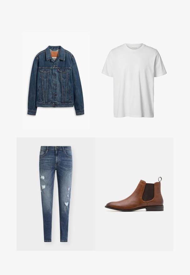 Chaqueta de denim azul con un diseño clásico, que presenta bolsillos en el pecho, botones de metal y costuras a contraste. Cuello y dobladillo estructurados.; Camiseta blanca lisa de manga corta con cuello redondo, corte holgado y sin logos o diseños visibles en el frente.; Vaqueros de mezclilla azul de corte ajustado con detalles desgastados, múltiples rasgaduras y un lavado desvanecido. Cuenta con un diseño de cinco bolsillos y trabillas para cinturón.; Zign by Zalando LEATHER - Botines - cognac
