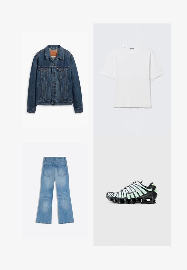 Blå denimjakke med klassisk design, der har brystlommer, metalknapper og kontrasterende syninger. Struktureret krave og kant.; Hvid, kortærmet t-shirt med rund hals og et lille "WEEKDAY"-mærke på indersiden af bagkraven, vist på en flad overflade.; Lyseblå denimjeans med høj talje, vide ben og to baglommer, vist fladt på en hvid baggrund.; Nike sportssko med sort og mintgrøn design, mesh-overdel med bølgende accenter og fremtrædende sort dæksole.