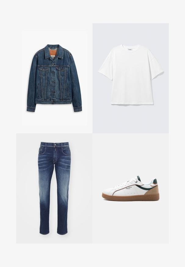 Blå denimjakke med klassisk design, der har brystlommer, metalknapper og kontrasterende syninger. Struktureret krave og kant.; Hvid oversized t-shirt med korte ærmer og rund halsudskæring med sænkede skuldre, fladt lagt på lys grå baggrund.; Mørkeblå denim jeans med lige ben, let slidte områder, fem lommer, knaplukning og syede detaljer langs sømmene.; Hvid lavtop sneaker med brun sål, grønne og beige accenter, hvide snørebånd og "Pepe Jeans London"-logo på siden.