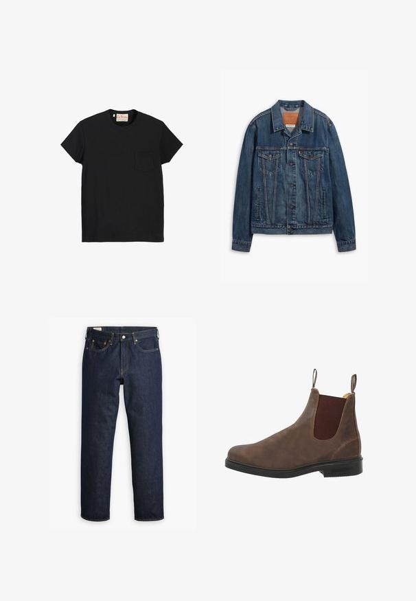 Blå denimjakke med klassisk design, der har brystlommer, metalknapper og kontrasterende syninger. Struktureret krave og kant.; Sort bomulds T-shirt med rund hals, korte ærmer og en lomme på venstre bryst. Glat tekstur og minimalistisk design.; Mørkeblå denimjeans med lige skæring, prydet med fem lommer, synlige sømme og en klassisk knaplukning.; Brune læder ankelstøvle med elastiske sidelapper, rund tå og sort gummisål. Subtile tekstur- og syningsdetaljer.
