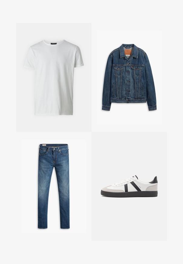Chaqueta de denim azul con un diseño clásico, que presenta bolsillos en el pecho, botones de metal y costuras a contraste. Cuello y dobladillo estructurados.; Camiseta blanca de manga corta y cuello redondo, hecha de algodón con una textura suave. Presenta una etiqueta en el cuello. Diseño simple y liso.; Jeans de hombre de corte slim en denim azul con diseño clásico de cinco bolsillos, cierre de botón y un ligero desgastado en los muslos y las rodillas.; Zapatilla blanca con acentos en negro y gris, que presenta una puntera texturizada en gris, suela de goma negra y cordones planos blancos. Diseño limpio, estilo minimalista.