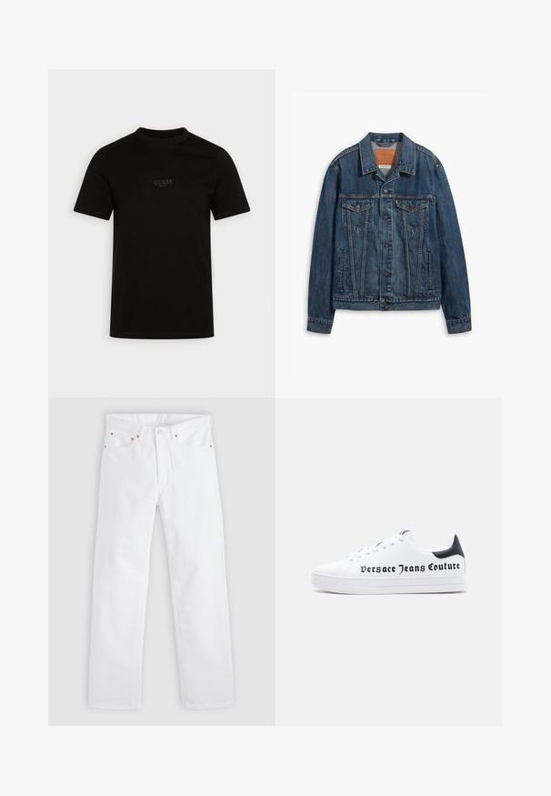 Blå denimjakke med klassisk design, der har brystlommer, metalknapper og kontrasterende syninger. Struktureret krave og kant.; Sort kortærmet t-shirt lavet af bomuld, med rund halsudskæring og et logo på forsiden af brystet med "GUESS EST. 1981" i et diskret design.; Hvide jeans med lige ben, fem-lomme design, knap- og lynlåslukning samt kobbernitdetaljer på lommerne.; Hvid lav sko med sort hælkappe, snørelukning og "Versace Jeans Couture" logo trykt i sort på siden.