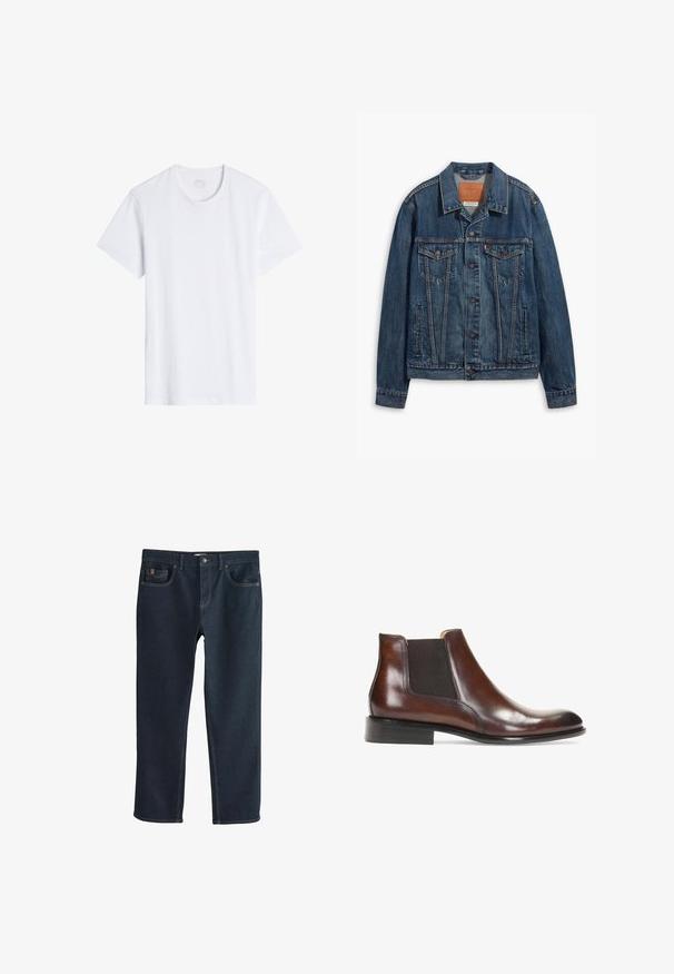 Blå denimjakke med klassisk design, der har brystlommer, metalknapper og kontrasterende syninger. Struktureret krave og kant.; Hvid, kortærmet t-shirt med rund halsudskæring. Lavet af glat bomuldsstof, den har en afslappet pasform og minimale sømme.; Mørkeblå denimjeans med lige ben, der har forlommer og diskrete syningsdetaljer. Glat tekstur, klassisk stil.; Brun læder ankelstøvle med elastiske sidepaneler, en glat overflade, stikninger og en lav rektangulær hæl.