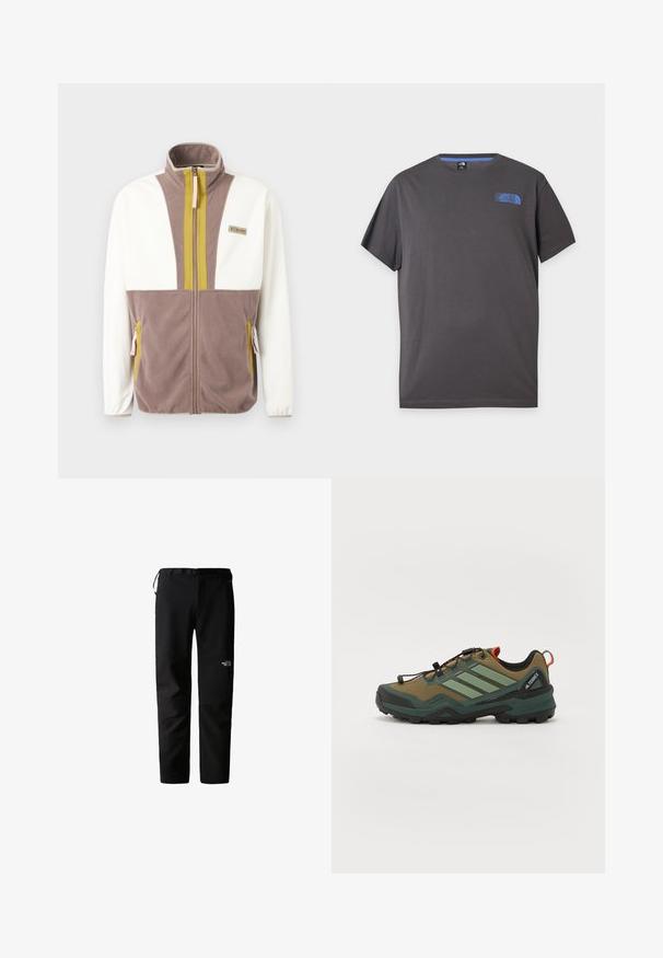 Fleecejacke mit weißen Ärmeln, taupefarbenem Körper, olivfarbenen vertikalen Streifen am Reißverschluss, Reißverschlusstaschen und Columbia-Markenpatch auf der Brust.; Dunkelgraues T-Shirt mit kurzen Ärmeln und Rundhalsausschnitt mit kleinem blauem The North Face-Logo auf der oberen linken Brust vor weißem Hintergrund.; Schwarze Outdoor-Hosen mit schlankem Design, gefertigt aus einem strapazierfähigen, leichten Stoff. Mit Gürtel, Seitentaschen und einem Logo am Oberschenkel.; Wanderschuh mit einem braunen und grünen Mesh-Obermaterial, schwarzer Gummisohle, verstellbaren Schnürsenkeln und reflektierenden Akzenten. Verfügt über eine verstärkte Zehenkappe.