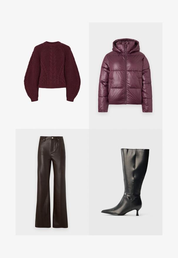 Veste matelassée bordeaux avec capuche, dotée d'une fermeture éclair à l'avant, d'un design matelassé et d'une texture lisse et brillante. Deux poches latérales incluses.; Pull en tricot bordeaux avec des motifs de câbles texturés, col rond et manches bouffantes. Les poignets et l'ourlet côtelés soulignent le design.; Vero Moda Wide-leg VMTESSA High rise - Pantalon classique - chocolate torte; Botte en cuir noire montant jusqu'au genou, avec un bout pointu et un petit talon bas, présentée sur un fond clair uni.