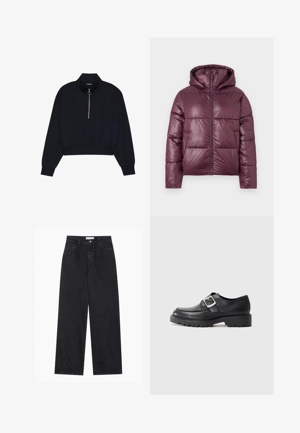 Bordeauxrote Daunenjacke mit Kapuze, ausgestattet mit einem Reißverschluss vorne, einem gesteppten Design und einer glatten, glänzenden Textur. Zwei seitliche Taschen sind enthalten.; Schwarzer, verkürzter Pullover aus weichem Stoff mit hohem Kragen, einem Frontreißverschluss mit silbernem Zug und gerippten Bündchen und Saum.; Schwarze hoch geschnittene, weit geschnittene Jeans aus Denim mit Vorderknopf- und Reißverschluss, Gürtelschlaufen und fünf Taschen.; Schwarze Lederschuhe mit einer abgerundeten Spitze, ausgestattet mit einem seitlichen Schnallen-Detail und einer dicken, robusten Sohle. Glatte Textur mit minimalen Nähten.