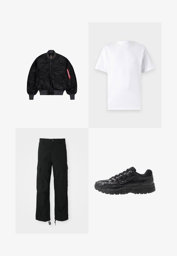 Veste bomber noire avec fermeture éclair à l'avant, poignets et taille élastiques. Comprend des poches latérales et une étiquette rouge sur le bras gauche. Tissu lisse et brillant.; T-shirt blanc à manches courtes en coton avec un col rond, présentant une texture lisse et un design simple, sans motifs ni accents.; Pantalons cargo noirs en tissu durable, comportant deux poches latérales, une fermeture à bouton et des ourlets ajustables pour un look décontracté et ample.; Chaussure de sport noire avec une tige en maille et synthétique, surface texturée, design à lacets et semelle en caoutchouc à motifs pour une traction.