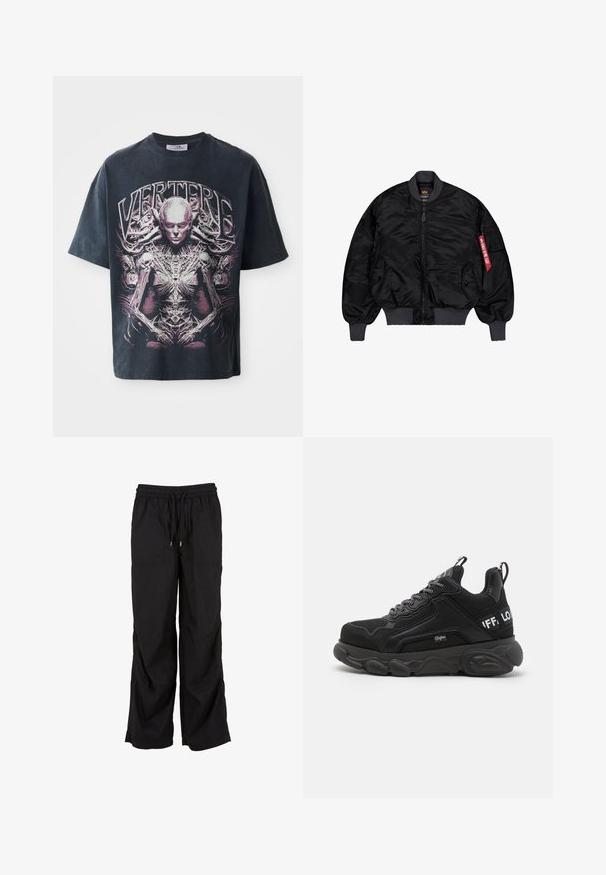 Chaqueta bomber negra con cierre frontal, puños elásticos y cinturilla. Presenta bolsillos laterales y una etiqueta roja en el brazo izquierdo. Tejido suave y brillante.; Camiseta gráfica negra de algodón, con un gran diseño en rosa y blanco de una figura humanoide con detalles intrincados y el texto "VERTERE."; Pantalones cargo negros de corte relajado, con cintura elástica con cordón, dos bolsillos frontales y una textura suave de algodón.; Zapatillas negras con suela gruesa, parte superior de malla y ante, diseño de cordones y acentos de logo. Detalles texturizados en los lados y la parte posterior.