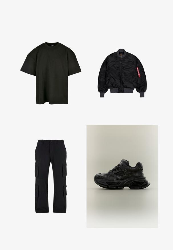 Zwarte bomberjack met ritssluiting aan de voorkant, elastische manchetten en tailleband. Voorzien van zijzakken en een rode label op de linkermouw. Glad, glanzend materiaal.; Zwart oversized t-shirt van zachte katoen. Heeft een ronde ronde halslijn en korte mouwen, met een zachte textuur en een minimalistisch ontwerp.; Zwarte cargobroek van katoen, met meerdere zijzakken, een relaxte pasvorm en een rechte pijp.; Zwarte chunky sneaker met textuurontwerp, dikke zool en vetersluiting, weergegeven tegen een eenvoudige neutrale achtergrond.