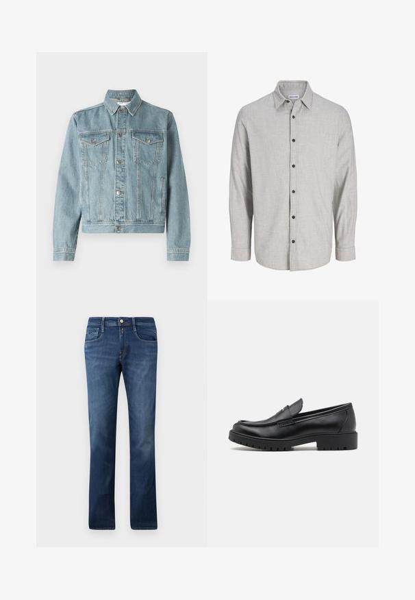 Lichtblauwe spijkerjas met een puntige kraag, twee borstzakken, zilveren knopen en een cropped ontwerp. Heeft een textuurstof en gestikte details.; Lichtgrijze langemouwenshirt van gestructureerde stof. Heeft een button-down kraag en zes zwarte knopen aan de voorkant.; Blauwe denim jeans met een recht gesneden ontwerp, voorzien van zijzakken, een ritssluiting en een knoopsluiting. Medium was met subtiele vervaging.; Zwarte leren instappers met een ronde neus, slip-on ontwerp en dikke rubberen zool met een gestructureerde grip. Verhoogde hak en subtiele stikdetails.