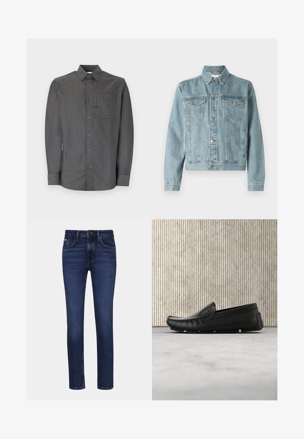 Hellblaues Denim-Jackett mit spitzem Kragen, zwei Brusttaschen, silbernen Knöpfen und einem verkürzten Schnitt. Verfügt über ein strukturiertes Gewebe und gestickte Details.; Grau gestreiftes Langarmhemd mit Button-Down-Kragen und Brusttasche, ausgestattet mit kleinen Knöpfen und einem strukturierten Stoff.; Dunkelblaue Denim-Jeans mit schlankem Schnitt, Fünf-Taschen-Design, Reißverschluss und klassischem Bund. Mit Kontrastnähten und glatter Textur.; Schwarzer Lederloafer schwebt über einem beigen Teppichboden neben einem abgerundeten, bernsteinfarbenen Glastisch.