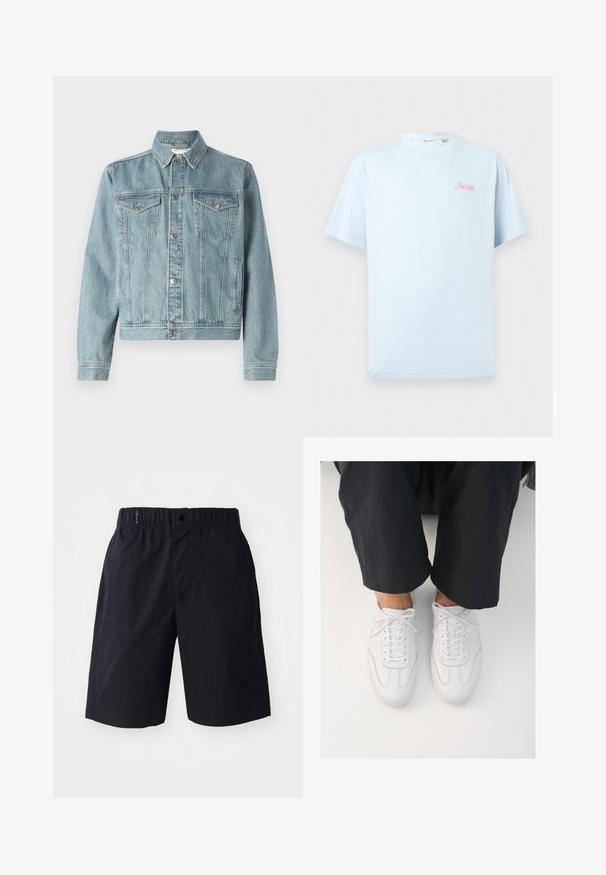 Chaqueta de mezclilla azul claro con cuello puntiagudo, dos bolsillos en el pecho, botones plateados y un diseño corto. Cuenta con una tela texturizada y detalles de costura.; Camiseta de algodón azul claro de manga corta con un pequeño logo rosa de "París" en el pecho izquierdo y cuello redondo.; Pantalones cortos negros hechos de tejido ligero, con un frente plano, cintura elástica y bolsillos laterales. Diseño simple sin patrones.; Zapatillas de cuero blanco con una textura lisa, punta redonda y sistema de cierre clásico, posicionadas sobre pantalones oscuros de corte holgado.
