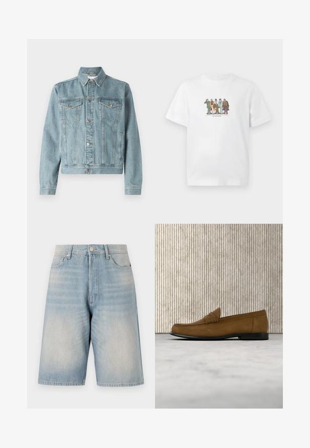 Lyseblå denimjakke med spidse kraver, to brystlommer, sølvknapper og en cropped design. Har tekstureret stof og syning detaljer.; Hvid T-shirt med illustration af fem forskellige mænd i jakkesæt, der går selvsikkert side om side, mens de holder på aktetasker og telefoner.; Lyseblå denimshorts med en afslappet pasform. Har knaplukning, bæltestropper og to forlommer. Aftaget tekstur over det hele.; Brun mokkalær loafer med sort sål, der svæver over en lys beige tæppe, ved siden af en rund, blank brun bordfod.