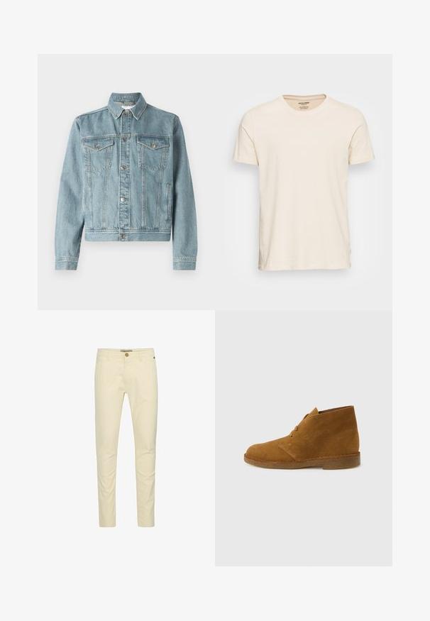Chaqueta de mezclilla azul claro con cuello puntiagudo, dos bolsillos en el pecho, botones plateados y un diseño corto. Cuenta con una tela texturizada y detalles de costura.; Camiseta de algodón beige claro con cuello redondo clásico y mangas cortas. Presenta una textura sutil y un diseño de ajuste estándar.; Chinos de algodón beige con un corte slim, que cuentan con un cierre de botón y un detalle de costura sutil en los bolsillos. Textura suave con un acabado pulido.; Bota desértica marrón de ante hasta el tobillo con dos ojales y suela de crepé sobre fondo liso gris claro.