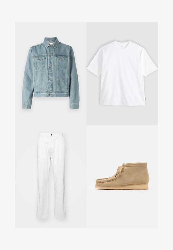 Hellblaues Denim-Jackett mit spitzem Kragen, zwei Brusttaschen, silbernen Knöpfen und einem verkürzten Schnitt. Verfügt über ein strukturiertes Gewebe und gestickte Details.; Weißes kurzärmeliges T-Shirt aus Baumwolle mit Rundhalsausschnitt und geradem Schnitt. Etikett sichtbar am unteren Seiten Saum.; Weiße Baumwollhosen mit lockerer Passform, ausgestattet mit einem Knopfverschluss, zwei vorderen Falten und Seitentaschen. Glatte Textur, ohne Muster.; Beige Wildleder-Stiefeletten mit runder Spitze, flacher Sohle und einfachem Schnürdesign. Verfügt über sichtbare Nähte und eine glatte Textur.