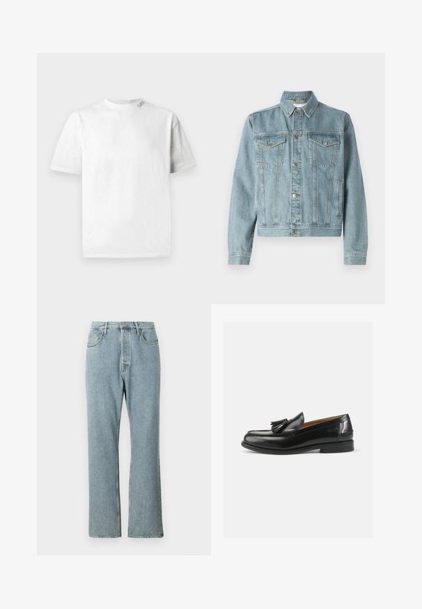 Hellblaues Denim-Jackett mit spitzem Kragen, zwei Brusttaschen, silbernen Knöpfen und einem verkürzten Schnitt. Verfügt über ein strukturiertes Gewebe und gestickte Details.; Weißes Kurzarm-T-Shirt mit Rundhalsausschnitt, das über eine subtile Textur und ein kleines Logodetail auf der linken Schulter verfügt.; Helles blaues Denim-Jeans mit hoher Taille, weit geschnittenen geraden Beinen und einfacher Naht. Verfügt über fünf Taschen und einen klassischen Knopfverschluss.; Schwarze Leder Slipper mit einem Quastenakzent, runder Spitze und glatter Oberfläche. Die Sohle ist flach mit minimalem Profil.