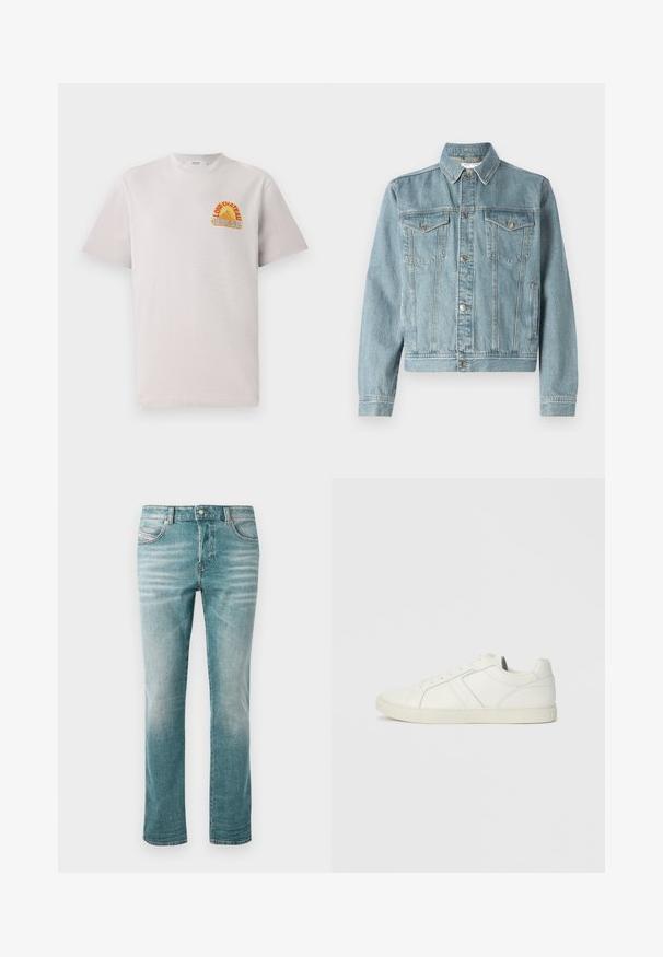 Lyseblå denimjakke med spidse kraver, to brystlommer, sølvknapper og en cropped design. Har tekstureret stof og syning detaljer.; Lysegrå bomulds T-shirt med rund hals, der har et farverigt "Lone Château Replay" grafik i orange og blå på brystet.; Lyseblå denimjeans med lige pasform, fem lommer, subtilt slid og en klassisk knaplukning i taljen.; Lave hvide lædersneakers med snørebånd og flad gummisål, set fra indersiden på en ensfarvet baggrund.