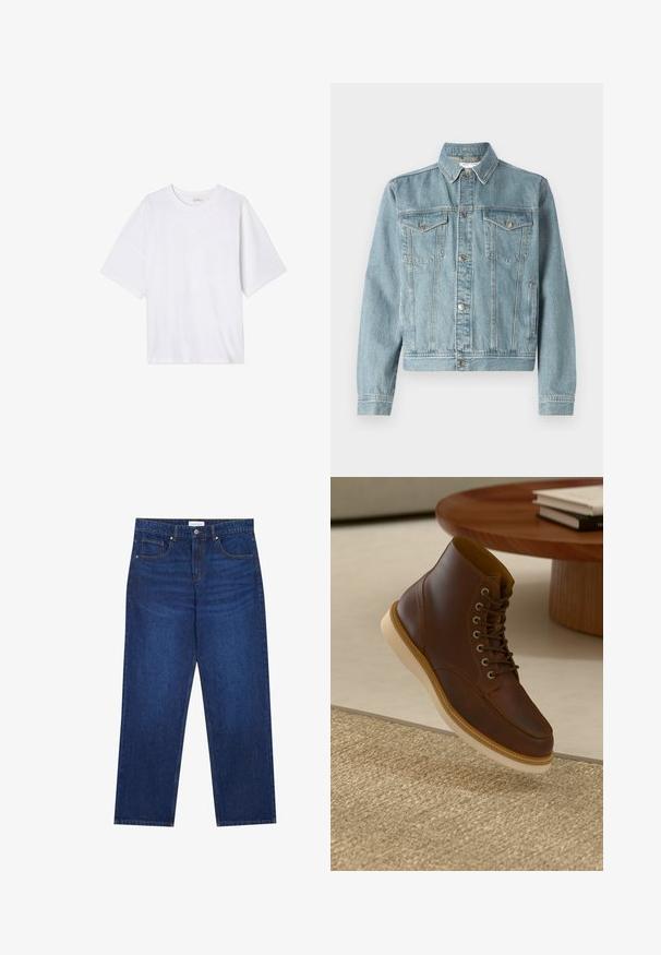 Lyseblå denimjakke med spidse kraver, to brystlommer, sølvknapper og en cropped design. Har tekstureret stof og syning detaljer.; Hvid kortærmet t-shirt lavet af blødt stof. Har en rund halsudskæring og en afslappet pasform med en lige kant. Ingen mønstre eller hardware.; Mørkeblå denimjeans med lige ben-design, der har en knap- og lynlåslukning, fem lommer og synlige syninger.; Brune læderankelstøvle med beige sål på et struktureret beige tæppe ved siden af et rundt træbord med stakke af bøger.