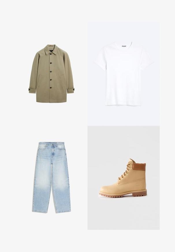 Beiger einreihiger Mantel mit fünf schwarzen Knöpfen, zwei schrägen Fronttaschen, geknöpften Manschetten und klassischem Kragen.; Schlichtes weißes T-Shirt mit kurzen Ärmeln und Rundhalsausschnitt mit gut sichtbarem WEEKDAY-Label am Kragen, dargestellt auf hellem Hintergrund.; Hellblaue High-Waist-Jeans mit geradem Bein, Fronttaschen, Knopfverschluss und ausgewaschenen Details an Oberschenkeln und Knien.; Hellbraune Leder-Ankle-Boots mit gepolstertem Kragen, goldenen Ösen, braunen Schnürsenkeln und dicker Profilsohle auf hellem, einfarbigem Hintergrund.