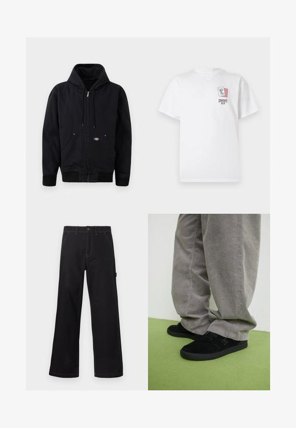 Veste à capuche noire avec une fermeture éclair à l'avant, cordon de serrage et deux poches latérales. Présente des poignets et une taille côtelés, fabriquée en tissu durable, design uni.; T-shirt blanc en coton à manches courtes, avec un motif graphique de poche représentant des cartes à jouer et le texte "Carhartt WIP" sur le devant.; Pantalon noir à jambes larges en tissu robuste, doté d'une braguette boutonnée classique, de deux poches avant et de détails de couture contrastants.; Chaussures de skating en suede noir avec une finition texturée et un logo, associées à un pantalon en velours côtelé gris présentant une texture côtelée. Surface de sol verte.