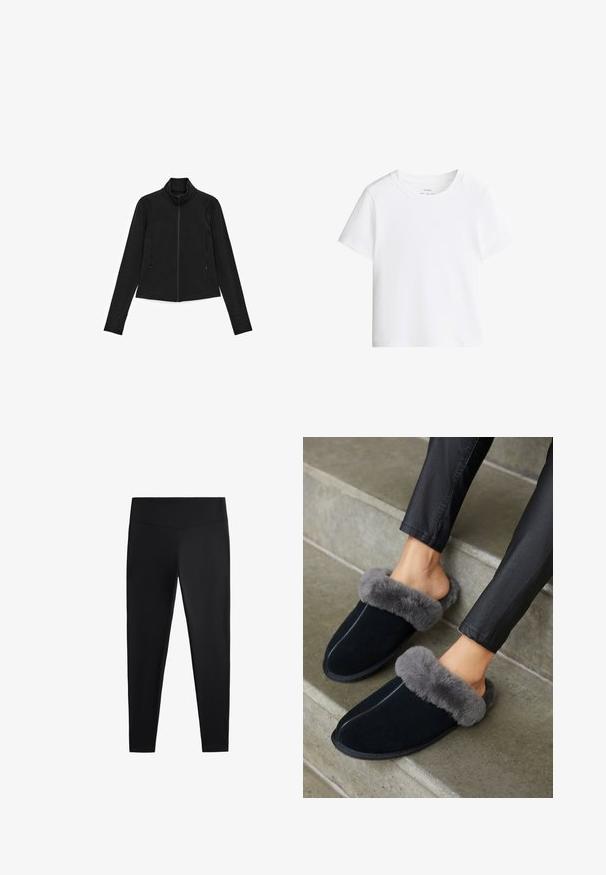 Veste noire à fermeture éclair avec haut col, manches longues, poches latérales et texture lisse et élégante. Design minimaliste, sans motifs ni accents visibles.; T-shirt en coton blanc uni, manches courtes, col rond, présenté à plat sur un fond blanc.; Leggings noirs en tissu lisse et extensible. Dotés d'une taille large et d'un design de jambe fuselée, adaptés pour une utilisation active ou décontractée.; Des chaussons en suède noir avec un col en fausse fourrure grise, à bout rond et couture contrastante. Texture douce et design à enfiler pour un port facile.