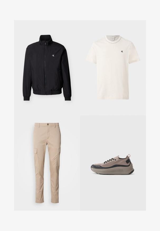 Sort vindtæt jakke med lynlås foran, høj krave, elastiske manchetter og linning. Har en lille hvid logo på venstre bryst.; Kortærmet off-white Calvin Klein t-shirt med rund hals og lille sort "cK" logo på venstre bryst.; Beige cargo bukser med to sidelommer, slim fit, lavet af letvægtsstof, med en frontknaplukning og bæltesløjfer.; Letvægts sneakers i beige og sort. Strikket overdel med snørebånd, accentueret med en tekstureret sål og bageste slynge til nem påtagning.