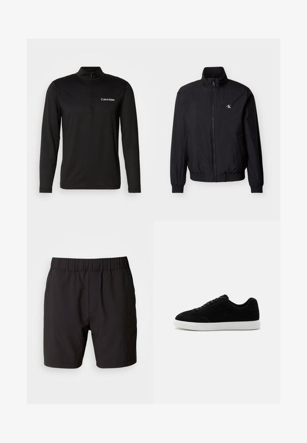 Chaqueta cortavientos negra con cremallera en el frente, cuello alto, puños elásticos y cinturilla ajustable. Presenta un pequeño logo blanco en el pecho izquierdo.; Suéter negro de manga larga con un cuello alto, cierre de media cremallera y tejido texturizado. Presenta un pequeño logo blanco en el lado izquierdo del pecho.; Pantalones cortos negros hechos de tejido elástico, con una cintura elástica, bolsillos laterales y un diseño simple y limpio. Sin patrones ni acentos.; Zapatilla negra de corte bajo con cordones delanteros, logo sutil "ck" en el lateral y suela gruesa de goma blanca sobre fondo claro y liso.