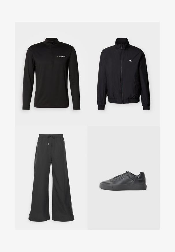 Sort vindtæt jakke med lynlås foran, høj krave, elastiske manchetter og linning. Har en lille hvid logo på venstre bryst.; Sort langærmet pullover med høj krave, halv-zip lukning og struktureret stof. Har et lille hvidt logo på venstre bryst.; Sorte bredbenede bukser med elastisk talje og snoretræk. Har sidelommer med lynlås og hvide detaljer langs siderne.; Sort lædersneaker med rund tå, flad gummisål og kontrasterende syninger. Har et logo på siden og snørebåndsdesign.