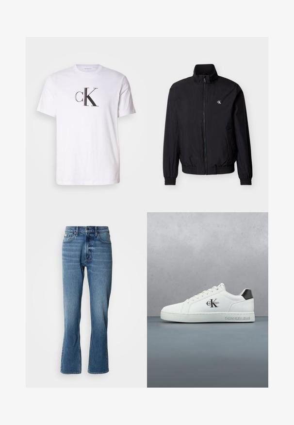 Schwarze Windbreaker-Jacke mit Reißverschluss vorne, hohem Kragen, elastischen Bündchen und Bund. Verfügt über ein kleines weißes Logo auf der linken Brust.; Weißes Baumwoll-T-Shirt mit einem auffälligen schwarzen 'cK'-Logo in fetter Schrift auf der Vorderseite. Kurze Ärmel mit einem klassischen Rundhalsausschnitt.; Hellblaue Denim-Jeans mit geradem Schnitt und leicht ausgestelltem Bein. Verfügt über fünf Taschen, einen Knopfverschluss und dezente Waschungseffekte.; Weißer Ledersneaker mit glatter Oberfläche, Schnürdesign, abgerundeter Spitze und kontrastierendem schwarzem Fersenakzent. Die Gummisohle sorgt für Griffigkeit.