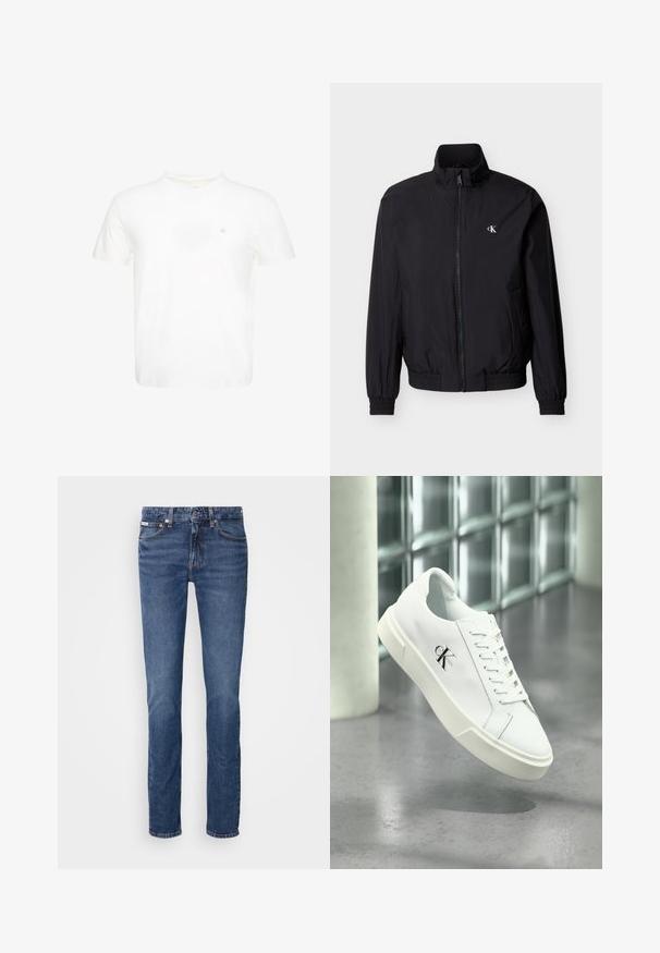 Schwarze Windbreaker-Jacke mit Reißverschluss vorne, hohem Kragen, elastischen Bündchen und Bund. Verfügt über ein kleines weißes Logo auf der linken Brust.; Weißes T-Shirt mit kurzen Ärmeln und Rundhalsausschnitt mit kleinem gesticktem "ck" Logo auf der linken Brust.; Blaue Denim-Jeans mit geradem Bein, ausgestattet mit einem klassischen Fünf-Taschen-Layout und kupferfarbenen Hardware-Accents am Bund und an den Taschen.; Weißer Calvin Klein Sneaker mit Schnürsenkeln, schwebend über einem polierten Betonboden und einer Glasbausteinwand im Hintergrund dargestellt.