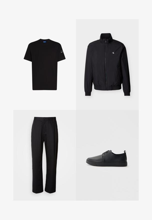 Schwarze Windbreaker-Jacke mit Reißverschluss vorne, hohem Kragen, elastischen Bündchen und Bund. Verfügt über ein kleines weißes Logo auf der linken Brust.; Schwarzes Baumwoll-T-Shirt mit kurzen Ärmeln, Rundhalsausschnitt und einem kleinen Etikettakzent auf dem linken Ärmelsaum. Angenehme Textur, normale Passform.; Schwarze Hosen mit geradem Schnitt, aus leichtem Stoff gefertigt. Verfügt über einen vorderen Knopfverschluss und zwei seitliche Taschen; glatte Textur.; Schwarze Leder-Sneaker mit glatter Oberfläche, abgerundeter Zehenpartie, gleichfarbiger Nähte, schnürbarem Vorderteil und flacher Gummisohle. Schlaufe an der Ferse.