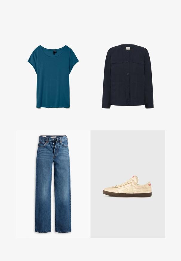 Dunkel marineblaue Langarmjacke mit rundem Kragen, vier vorderen Knöpfen, zwei Brustklappentaschen und zwei unteren aufgesetzten Taschen.; Teal Kurzarm-T-Shirt mit rundem Halsausschnitt, aus weichem Stoff gefertigt, mit entspannter Passform und glatter Textur.; Blaue Denim-Jeans mit weitem Bein, fünf Taschen, Knopfverschluss und kontrastierenden Nähten. Strukturierter Stoff mit einem verblassten Finish.; Sneaker in Cremefarben mit einer strukturierten Lederoberfläche, einer braunen Gummisohle und einem auffälligen roten Logo an der Ferse.