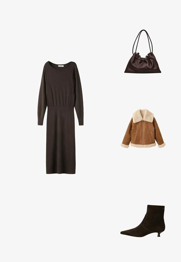 Veste en daim beige avec un grand col et des poignets en fausse fourrure crème. Elle comporte une fermeture éclair à l'avant et deux poches latérales. Fini texturé sur toute la surface.; Robe midi en tricot à manches longues de couleur marron foncé, avec un col rond et une taille cintrée.; Bottines en daim marron avec un nez pointu, un petit Talon de type kitten, et un détail élastique sur le côté pour un ajustement parfait. Design simple sans ornementation supplémentaire.; Sac à main en cuir brun foncé souple avec une forme flasque et deux fines bretelles sur fond blanc.