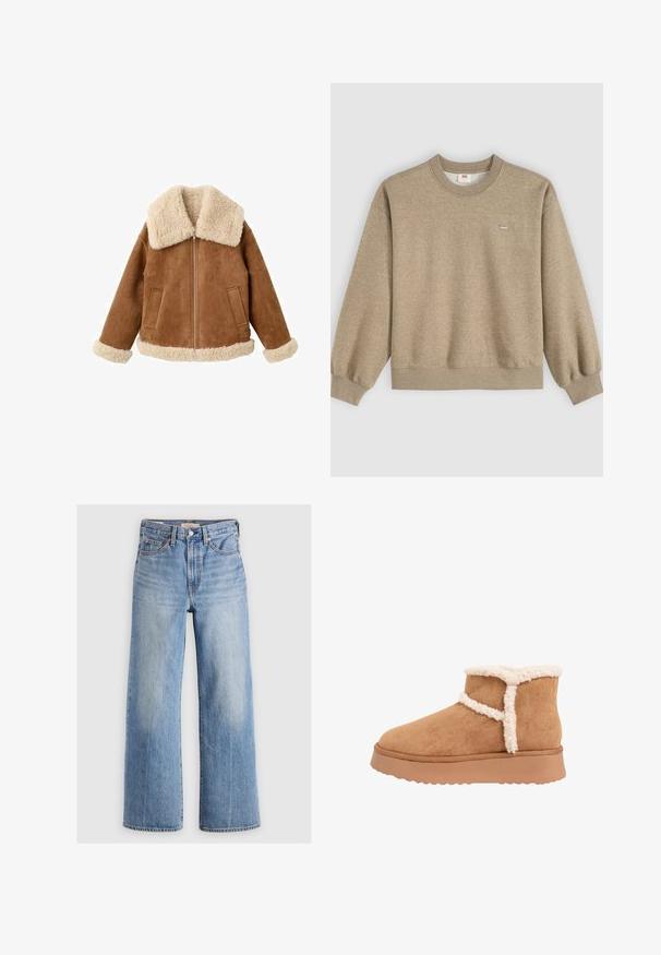 Veste en daim beige avec un grand col et des poignets en fausse fourrure crème. Elle comporte une fermeture éclair à l'avant et deux poches latérales. Fini texturé sur toute la surface.; Sweat-shirt beige à col rond avec manches longues et petit logo Levi's sur le côté gauche de la poitrine sur fond clair.; Jeans larges en denim bleu clair avec une taille haute, zones décolorées, cinq poches et coutures contrastées. Fermeture classique à bouton et à glissière.; Bottine marron clair à la cheville avec une semelle épaisse en caoutchouc, un extérieur en suède souple et une doublure blanche et duveteuse autour du col et des coutures latérales.