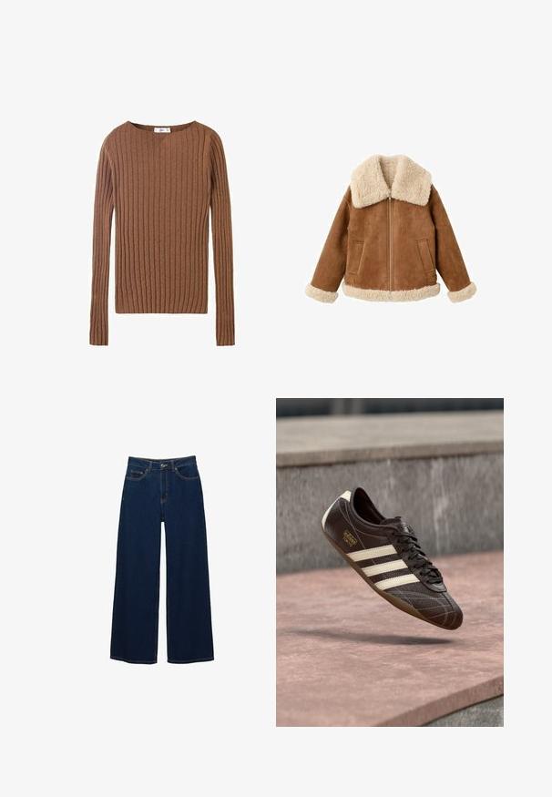 Lysebrun ruskindjakke med stor kremhvid faux shearling-krave og manchetter. Har frontlynlås og to sidelommer. Tekstureret finish over det hele.; Brun ribbet langærmet sweater med rund halsudskæring, der viser et tekstureret stof, som fremhæver lodrette linjer. Enkel og tætsiddende design.; Mørkeblå vidde jeans i denim; har forlommer og knaplukning; fremtrædende syninger langs sømmene; ingen mønstre eller udsmykninger.; Brun lædersneaker med hvide tre striber, tekstureret overflade, snørelukning og brun gummisål. Har prægede logo på siden.