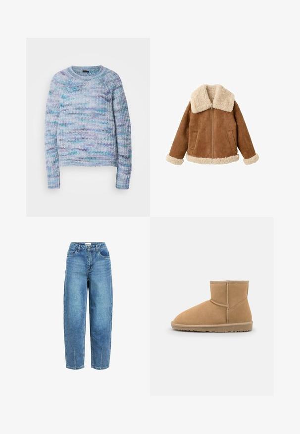 Lysebrun ruskindjakke med stor kremhvid faux shearling-krave og manchetter. Har frontlynlås og to sidelommer. Tekstureret finish over det hele.; Striktrøje i lyseblå, violet og aqua med en tekstureret overflade, rund hals og ribbede manchetter. Ingen synlige lukninger.; Lysblå højtaljede denim jeans har en lige ben-design, med fem lommer og subtile falming detaljer. Kantene har sidesplits.; Brun ruskinds ankelstøvle med rund tå og polstret krave, der har kontrastsyninger og en tekstureret gummisål.