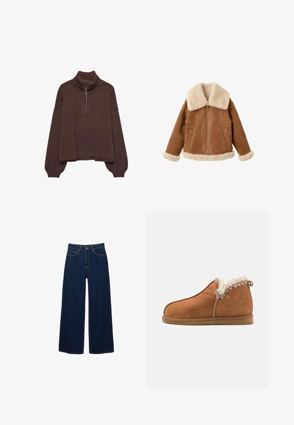 Lysebrun ruskindjakke med stor kremhvid faux shearling-krave og manchetter. Har frontlynlås og to sidelommer. Tekstureret finish over det hele.; Brun pullover sweater med høj ribstrik krave, lynlås lukning, løs pasform og sænkede skuldre. Fremstillet af blødt strikmateriale.; Mørkeblå vidde jeans i denim; har forlommer og knaplukning; fremtrædende syninger langs sømmene; ingen mønstre eller udsmykninger.; Brune ruskinds slippers med en shearling krave, rund tå og en tekstureret sål. Har en lille løkke accent bagpå.