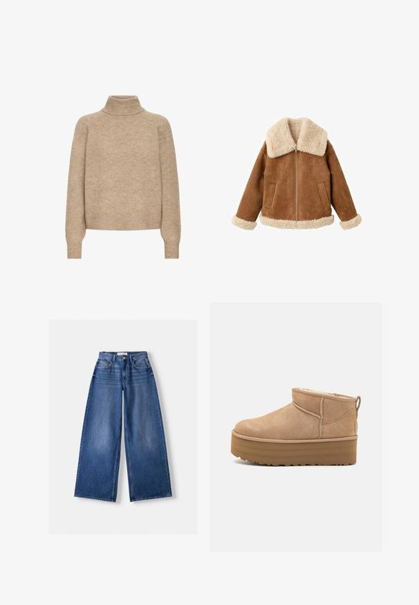 Veste en daim beige avec un grand col et des poignets en fausse fourrure crème. Elle comporte une fermeture éclair à l'avant et deux poches latérales. Fini texturé sur toute la surface.; Pull en beige col roulé en maille douce. Présente des manches raglan, un col et des poignets côtelés avec une coupe décontractée.; Jeans en denim bleu à jambes larges avec poches avant, passants de ceinture et fermeture par bouton, posés à plat sur un fond clair.; Bottines en suede beige avec un intérieur moelleux, dotées d'une semelle compensée et d'une languette à l'arrière pour un enfilage facile. Semelle extérieure en caoutchouc texturé.