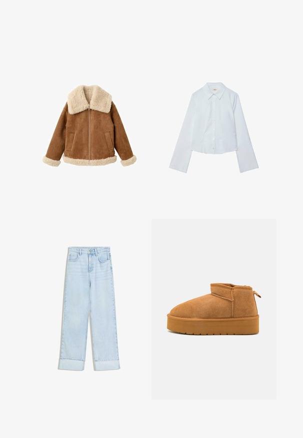 Bruine suède jas met een grote crème kleurige nepbontkraag en manchetten. Voorzien van een ritssluiting aan de voorkant en twee zijzakken. Geheel met een gestructureerde afwerking.; Witte lange mouwen cropped shirt, knoopsluiting aan de voorkant met een puntige kraag, gladde textuur en subtiele glans, met een rechte zoom.; Lichtblauwe spijkerbroek met een hoge taille, rechte wijdere pijpen, omgeslagen zoom en twee voorzakken. De stof heeft een licht verweerde uitstraling.; Bruine suède enkellaarzen met een ronde neus, laag uitgesneden ontwerp en een gestructureerde rubberen zool met een lichte plateauzool en een trekhaak.