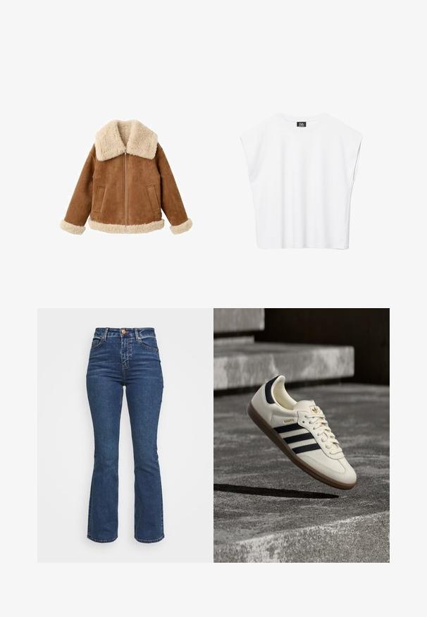 Lysebrun ruskindjakke med stor kremhvid faux shearling-krave og manchetter. Har frontlynlås og to sidelommer. Tekstureret finish over det hele.; Hvid ærmeløs crop top med rund halsudskæring, brede skuldre og sort "B6"-label indvendigt i kraven.; Højtaljede blå jeans lavet af denim. Flared ben-design med knaplukning og lommer. Har en klassisk vask og syning detaljer.; Hvid Adidas Samba sneaker med sorte striber og gummsål, svævende over teksturerede grå betonstrin.