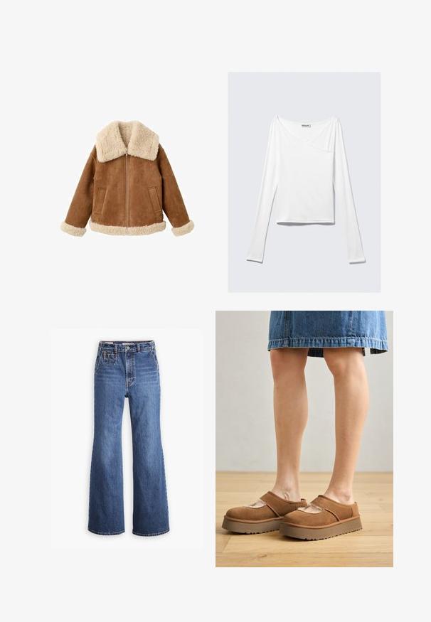 Chaqueta de ante color canela con un gran cuello y puños de borrego sintético crema. Cuenta con cremallera frontal y dos bolsillos laterales. Acabado texturizado en toda la prenda.; Top blanco de manga larga con diseño cruzado y un bolsillo. Fabricado en una tela suave y elástica. Con un corte casual y relajado.; Pantalones vaqueros de denim azul de cintura alta con un diseño de pierna ancha, que cuentan con un bolsillo delantero, cierre de botón de bronce y costuras en contraste.; Zapatos de plataforma de ante marrón con punta redonda, detalles recortados y una suela resistente, acompañados de una falda de mezclilla en un entorno de suelo de madera.