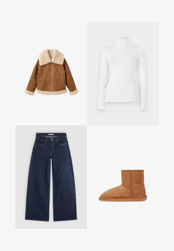 Lysebrun ruskindjakke med stor kremhvid faux shearling-krave og manchetter. Har frontlynlås og to sidelommer. Tekstureret finish over det hele.; Hvid turtleneck sweater, tætsiddende design, lange ærmer, blød tekstur, glat stof, minimal detaljer, ribbede manchetter og krave.; Mørkeblå vidde cowboybukser med forlommer, bæltestropper og knaplukning, vist fladt på en lys baggrund.; Tan ruskinds ankelstøvle med rund tå, lodrette sømme og en tekstureret gummisål. Har et logo-accent på bagsiden.