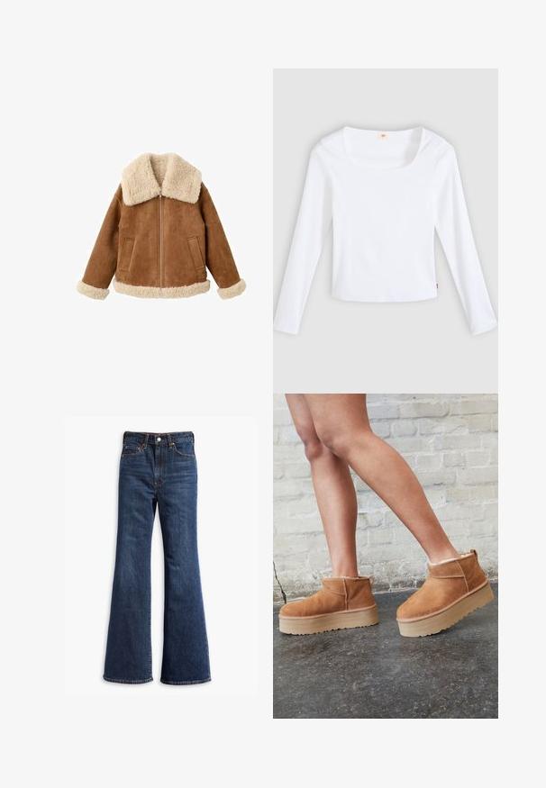 Veste en daim beige avec un grand col et des poignets en fausse fourrure crème. Elle comporte une fermeture éclair à l'avant et deux poches latérales. Fini texturé sur toute la surface.; T-shirt blanc à manches longues en tissu côtelé, avec un col carré et une coupe ajustée, orné d'une petite étiquette logo sur le côté.; Jeans en denim bleu foncé taille haute avec jambes évasées, fermeture à boutons et zip à l'avant, et conception à cinq poches.; Bottines en suède marron avec une doublure en peluche, semelle épaisse en beige et une poignée à l'arrière. Surface texturée avec des détails de couture visibles.