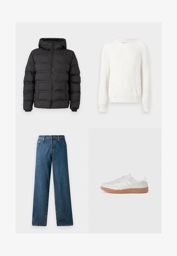 Sort pufferjakke med lynlås foran, tætsiddende hætte og syede sektioner til isolering. Blød, glat tekstur og en struktureret design.; Hvid ribbet sweater med rund halsudskæring, sænkede skuldre og lange ærmer. Har struktureret stof og en lige kant.; Mørkeblå denimjeans med en afslappet pasform, lige ben, fem lommer og kontrasterende syninger. Har en frontknap og lynlås lukning.; Sølv sneakers med en glat overflade, snørebånd, perforerede detaljer og en struktureret brun gummi sål.